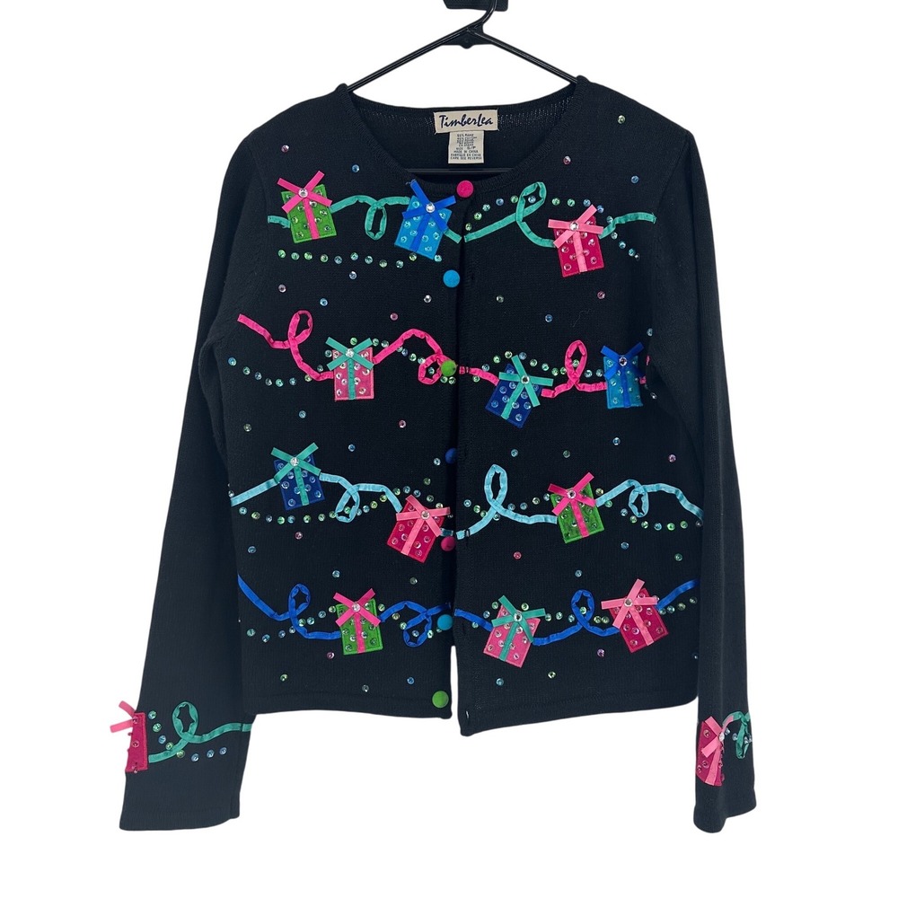 Timberlea Vintage Christmas Gift Box Sequin Cardigan Sweater Black Small‎